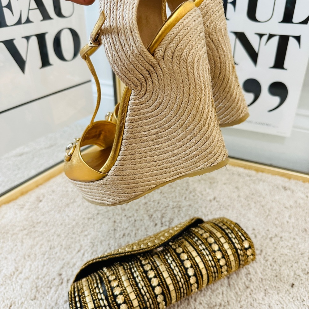 Authentic Gucci Genuine Gold Leather Wedge Platform Espadrilles w Horsebit 39.5 - Picture 6 of 9